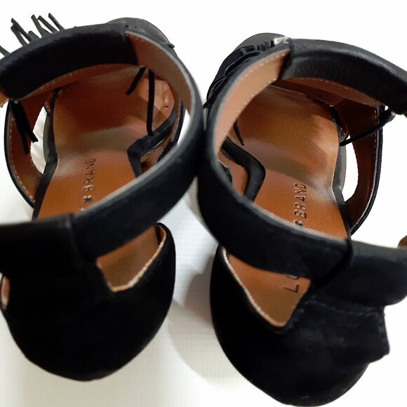LUCKY BRAND Leesha Fringe T-strap Sandals with Block Heel in Black Suede Leather - Picture 9 of 13